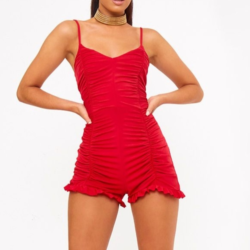 Pretty Little Thing Red Ruched Frill Hem Playsuit